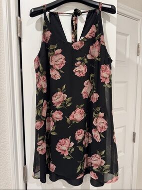 Black Mini Dress with Pink Floral Print